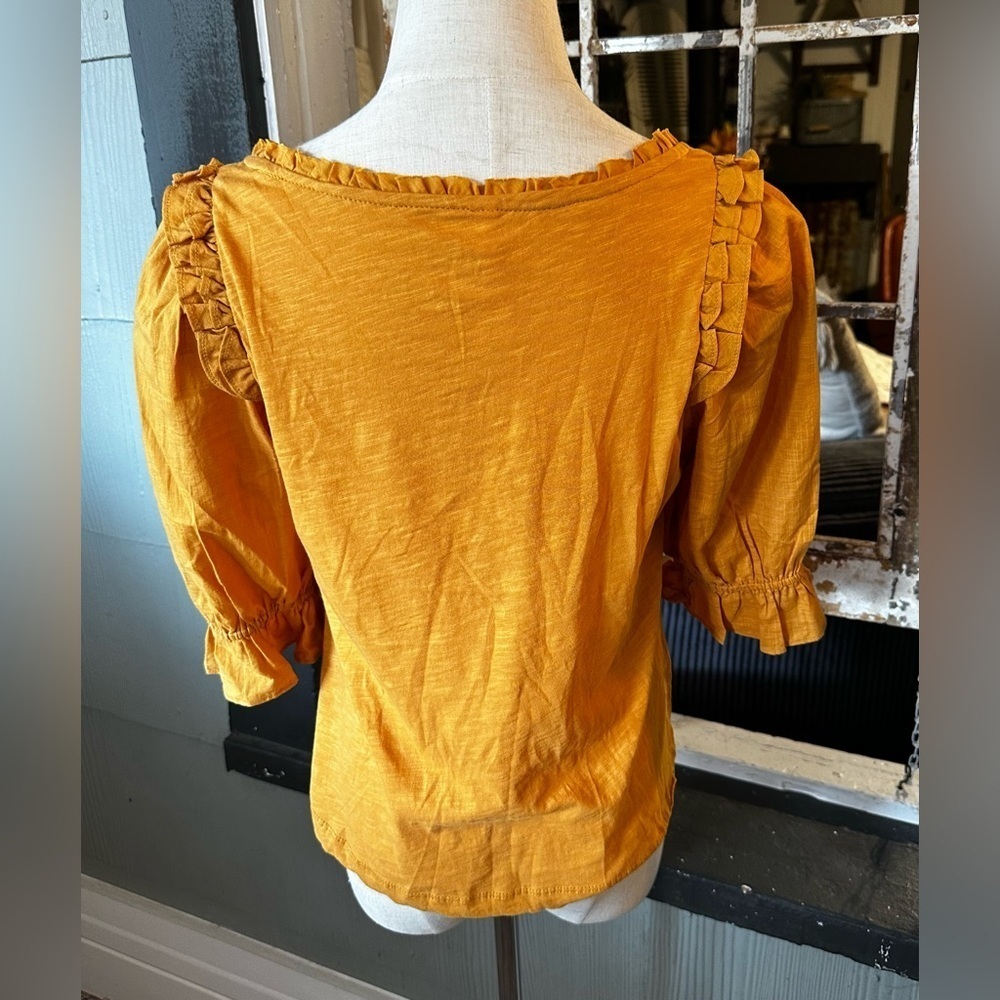Anthropologie Smocked Puff Sleeve Peasant Knit Ruffle Top XS Goldenrod - Picture 4 of 9